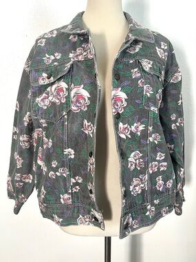 VINTAGE 1980s Floral Denim Jean Jacket Button Front Vtg 80s